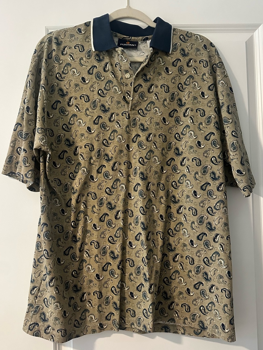 Puritan Men's Khaki Paisley Polo with Navy Collar Golf shirt